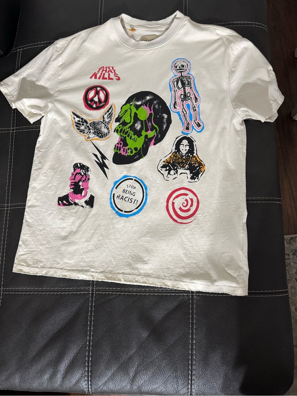 Gallery Dept White  Tee with Neon Green Skull & Multicolor Patches